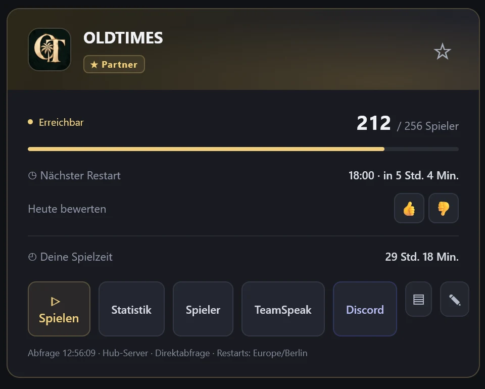 Kachel eines Partner-Servers: OLDTIMES in Gold mit „★ Partner“-Abzeichen, Live-Spielerzahl und Spielen-Knopf
