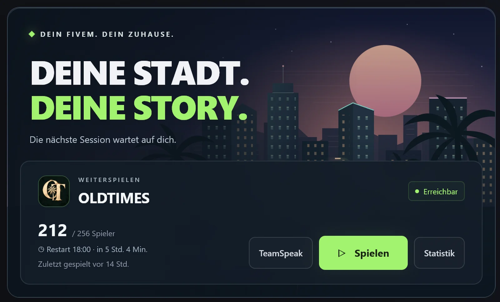 Startseite des Hubs: Weiterspielen auf OLDTIMES mit 212 Spielern, Restart-Zeit und Spielen-Knopf