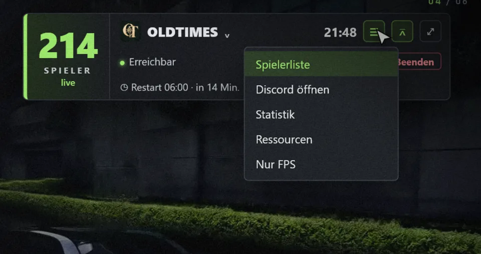 Menü der Kompaktleiste mit Spielerliste, Discord, Statistik, Ressourcen und Nur FPS