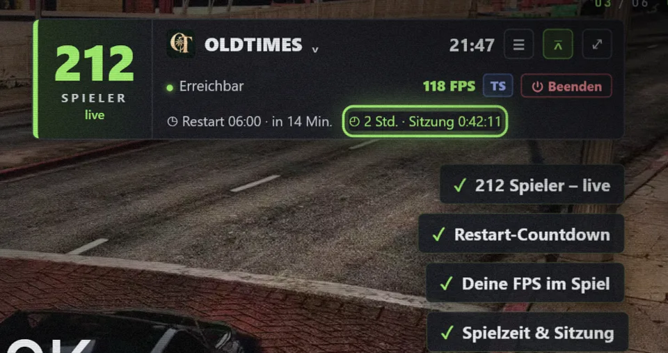 Kompaktleiste über GTA-Gameplay mit Spielerzahl, Restart-Countdown, FPS und Sitzung